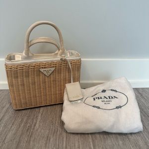 Prada wicker and canvas tote bag